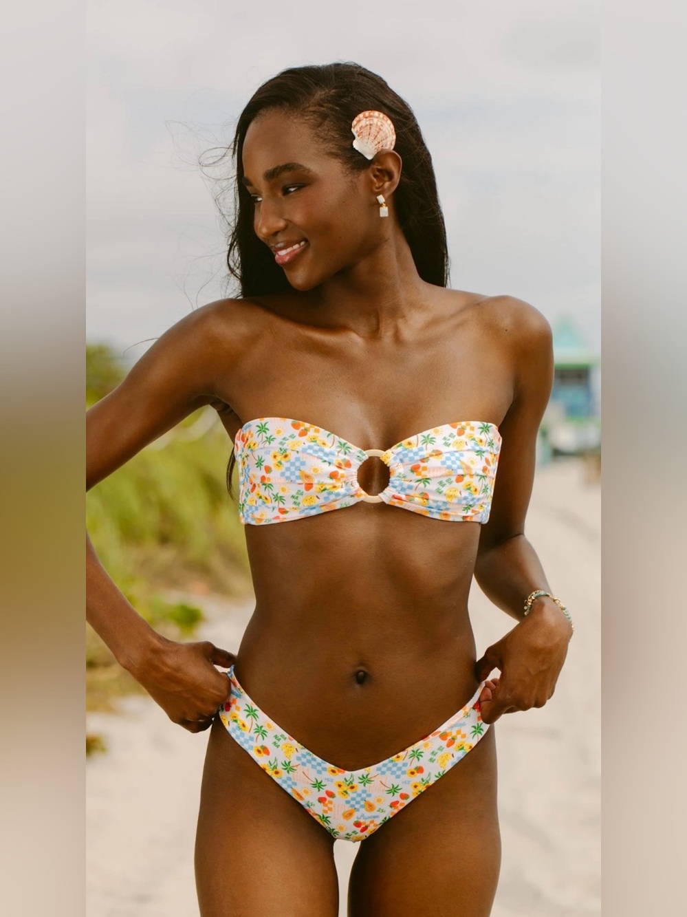 Kulani Kinis White Floral Ring-Front Bandeau Bikini